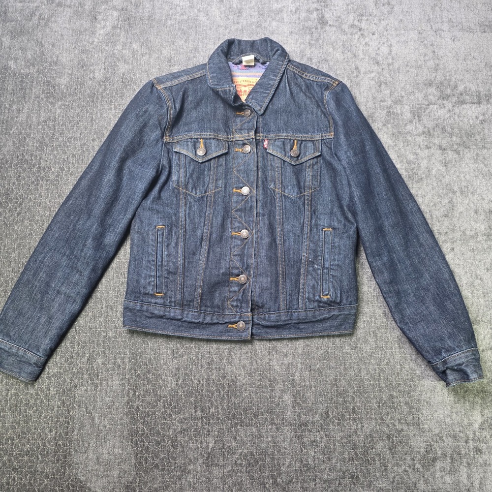 Levis Denim Trucker Jacket Womens Small Aztec Lined Dark Wash Punk S